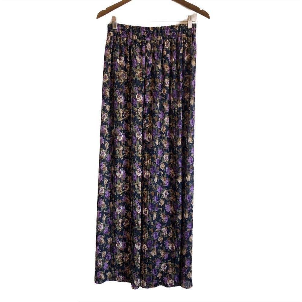 SOLD | Vintage Floral Boho Pleated High Waist Wide Leg Flowy Pants Bottoms Blue